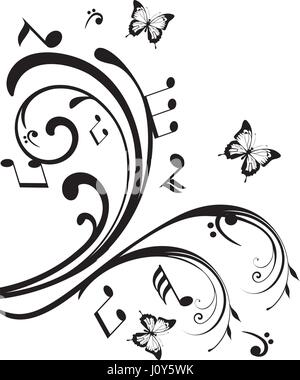 vector illustration of swirls with musical notes and butterflies Stock Vector