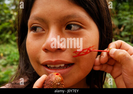 Natural make-up in Shuar Indians, Amazon rainforest, Ecuador Stock Photo