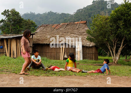 Kids in Indian village in Amazon rainforest, Ecuador Stock Photo