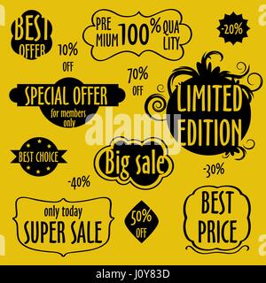 Vintage badges, stickers, labels. Creative graphic design elements. Unique shapes. Isolated on yellow background. Special Offer, super sale, Best Price Marks Stock Vector