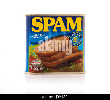 SWINDON, UK - APRIL 17, 2017: Tin of SPAM chopped pork and ham on a white background with copy space Stock Photo