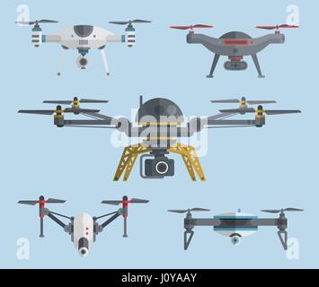 Remote aerial drones with digital cameras. Air quadrocopters collection. Modern flying copters with action cameras for mobile filming and photo. Flat  Stock Vector