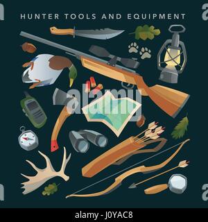 Hunter equipment set. Hunting tools and items. Weapon, rifle, bow and arrows. Binoculars, quiver and knife. Isolated design elements. Cartoon style. Stock Vector
