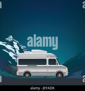 Beautiful mountain landscape with modern small size camper van motor home. New flat realistic style. Poster or banner for your web design. Vector illu Stock Vector