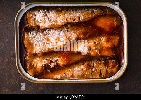 Tinned sardines in tomato sauce on the slate closeup horizontal Stock Photo