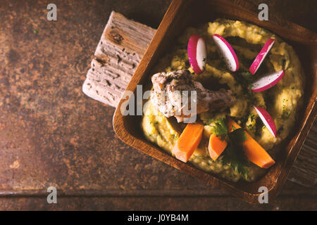 Salad of beans, chicken, carrots, radishes in a bowl copy space horizontal Stock Photo