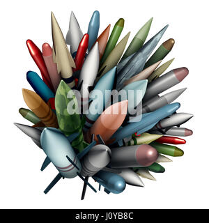 Nuclear weapon bombs and missile stack isolated on a white background as a group of nukes and threatening bomb . Stock Photo