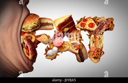 Eating fat food concept as an open mouth biting into unhealthy snacks shaped as text as a bad nutrition and obesity symbol. Stock Photo
