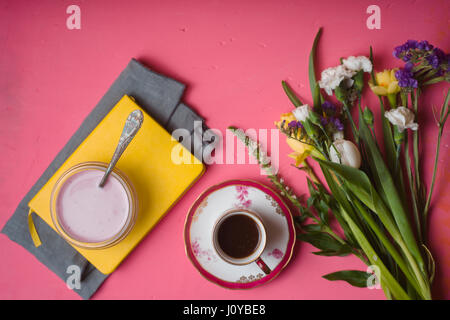 Spring breakfast on the pink background  top view Stock Photo