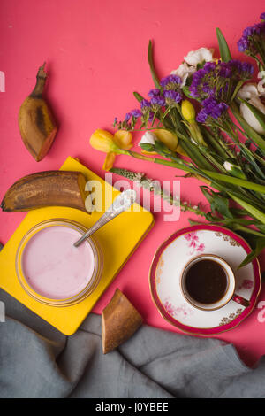 Spring breakfast on the pink background  vertical Stock Photo