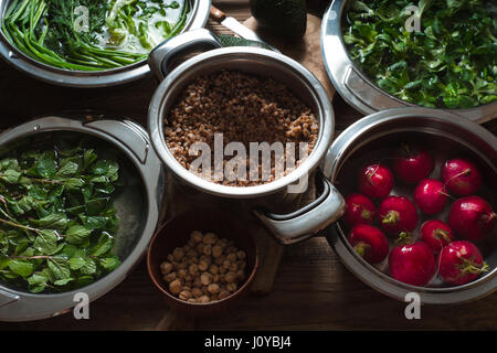 Ingredients for healthy salad with buckwheat ,vegetable and greens horizontal Stock Photo