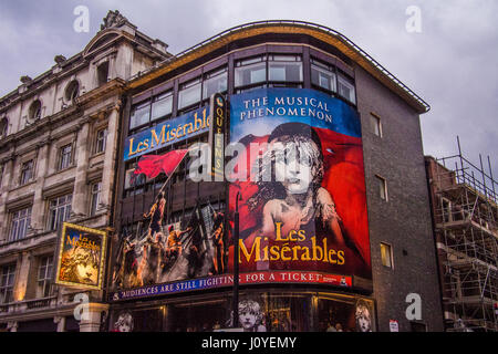 Les Miserables advertising boards at Queens Theatre, London. Stock Photo
