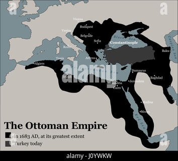 Turkey today and the Ottoman Empire at its greatest extent in 1683 - history map of its territory expansion and military acquisition. Stock Photo