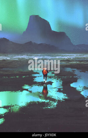 night scenery of hiker with backpack looking at mountains and colorful light in the sky, illustration painting Stock Photo
