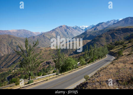 Road in the mountains close to Santiago, Chile leading to the village of Farellones and the ski resorts of Valle Nevado, La Parva and El Colorado. Stock Photo