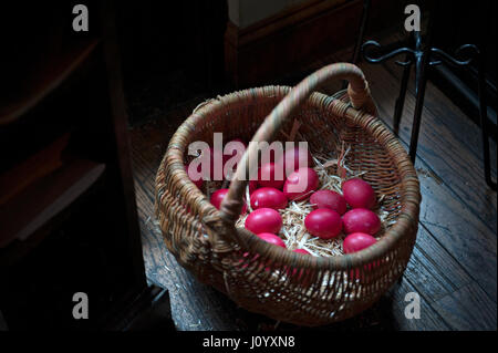A  Greek restaurant in Tribeca had a basket of colored eggs next to the front door on Easter. April 16, 2017 Stock Photo