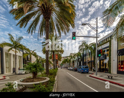 Rodeo Drive Street with stores and Palm Trees in Beverly Hills - Los Angeles, California, USA Stock Photo