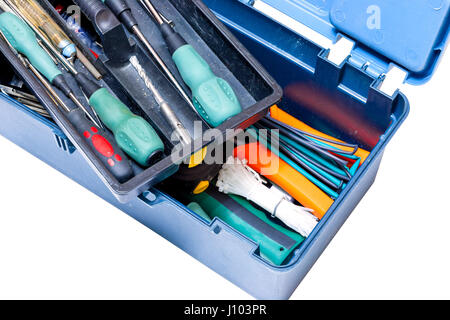 Blue box with tools screwdrivers, hammer, drill, tape measure on white background. Isolated Stock Photo
