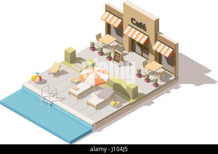 Vector isometric low poly swimming pool and cafe Stock Vector