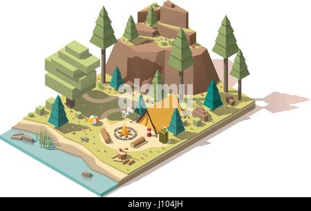 Vector isometric low poly campsite Stock Vector