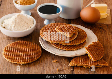 Typical sweet waffles with sugar syrup from Holland. Stock Photo