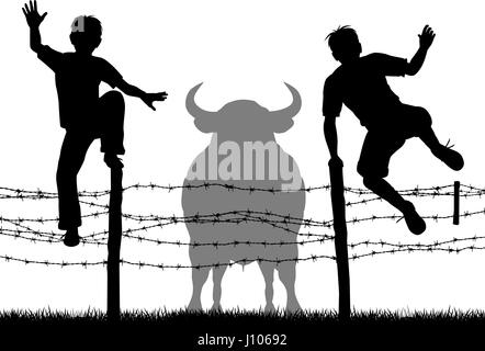 Editable vector silhouettes of two boys jumping over a barbed wire fence to escape a bull with all figures as separate objects Stock Vector