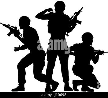 Editable vector silhouettes of three soldiers fighting as a team with figures as separate objects Stock Vector
