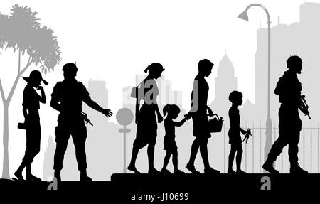 Editable vector silhouette of soldiers escorting a civilian family in an urban scene with all figures as separate objects Stock Vector