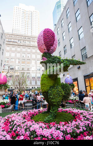 New York, USA. 16th Apr, 2017. Big Bunny with egg topiary in Rockefeller Center, Manhattan, New York City, April 16, 2017. Credit: Nino Marcutti/Alamy Live News Stock Photo