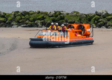 Sandylands Promenade, Morecambe, Lancashire, UK. 17th Apr, 2017. The RNLI Griffin Hovercraft the Hurley Flyer traveresers Sandylands Beach during a training exercise on Bank Holiday Monday Morning Credit: David Billinge/Alamy Live News Stock Photo