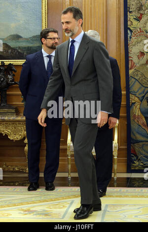 Madrid, Spain. 17th Apr, 2017. King of Spain Felipe VI with Cuban Foreign Minister Bruno Eduardo Rodriguez Parrilla during audience at the Palacio de la Zarzuela in Madrid on Monday 17 April 2017. Credit: Gtres Información más Comuniación on line,S.L./Alamy Live News Stock Photo