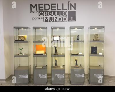 Medellin, Colombia. 7th Mar, 2017. Medals and awards on display in Medellin, Colombia, 7 March 2017. The city has almost returned to normality after the ferocious drug wars of the 1990s. The city is regarded as a role model due to its success in integrating its poor. Photo: Georg Ismar/dpa/Alamy Live News Stock Photo