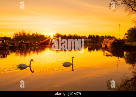 Rufford, Lancashire, 18th April 2017. UK Weather.  After a freezing cold night, a beautiful sunrise warms the canal boats moored on St. Mary's Marina in Lancashire.  This local beauty spot is located just off the Leeds/Liverpool canal.  With it's stunning viewpoints and on site cafe's, it is a very popular resting place for those travelling this famous East to West route.  Credit: Cernan Elias/Alamy Live News Stock Photo