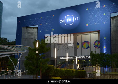 The logo of the Facebook Developer Conference F8 can be seen at the McEnery Convention Center in San Jose, US, 18 April 2017. Photo: Andrej Sokolow//dpa Stock Photo