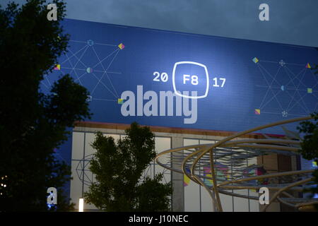 The logo of the Facebook Developer Conference F8 can be seen at the McEnery Convention Center in San Jose, US, 18 April 2017. Photo: Andrej Sokolow//dpa Stock Photo