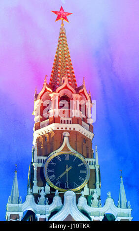 Beautiful Spasskaya Kremlin tower with a star on the abstract colored background Stock Photo