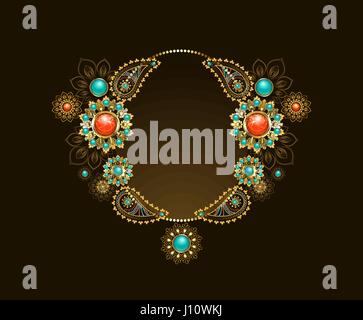 Frame with ethnic gold jewelery inlaid with turquoise and red jasper on a dark background. Jewelry Design.  Oriental pattern. Boho Style. Stock Vector