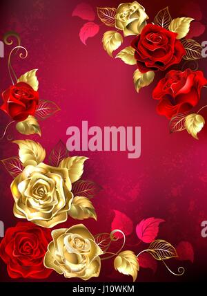 Greeting card with red and gold jewelry roses with gold leafs on a red textured background. Design with gold roses. Stock Vector