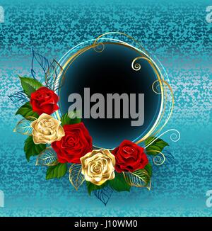 Round banner with gold and red roses on a blue brocade background. Design with roses. Golden Rose. Stock Vector