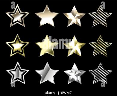 Set of stars made of platinum, white gold and yellow gold on a black background. Precious metal. Gold stars. Stock Vector