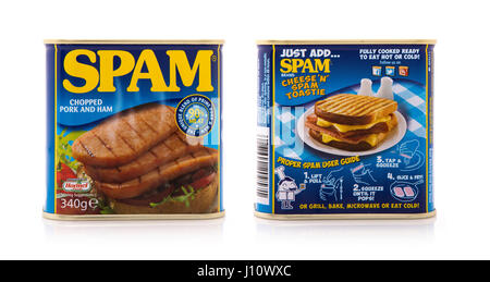 Front and rear views of a Tin of SPAM chopped pork and ham on a white background with copy space showing how to make a Cheese N Spam Toastie Stock Photo