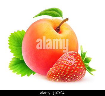 Isolated fruits. Whole fresh peach and strawberry with leaves isolated on white background with clipping path Stock Photo