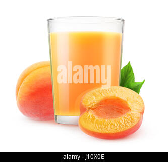Isolated juice. Glass of apricot smoothie and cut fruits isolated on white background with clipping path Stock Photo