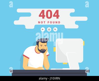 Man with pc sitting at home 404 page not found error Stock Vector