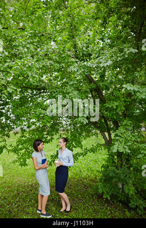 Portrait of two young women dressed in business clothes chatting under big tree in nature during break Stock Photo