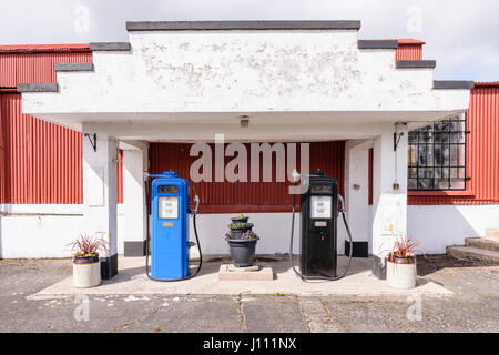 Two Gilbarco (Gilbert and Barker) petrol pumps, circa 1950, at an old fashioned rural independent petrol station Stock Photo