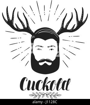 Cuckold, icon or symbol. Bearded man with horns, label. Lettering vector illustration Stock Vector