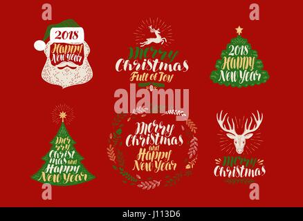 Merry Christmas and Happy New Year, label set. Xmas icons or logos. Lettering, calligraphy vector illustration Stock Vector