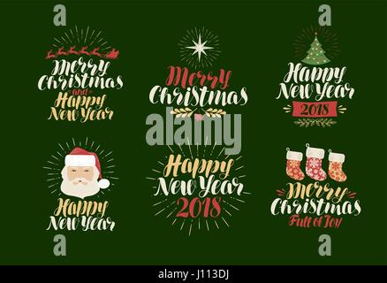Merry Christmas, Happy New Year, label set. Xmas, yuletide, holiday icon or logo. Lettering, calligraphy vector illustration Stock Vector
