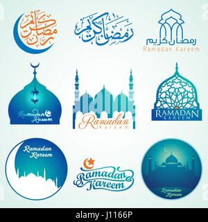Ramadan Kareem set of emblems arabic calligraphy and arabic lantern for islamic icon greeting banner design Stock Vector